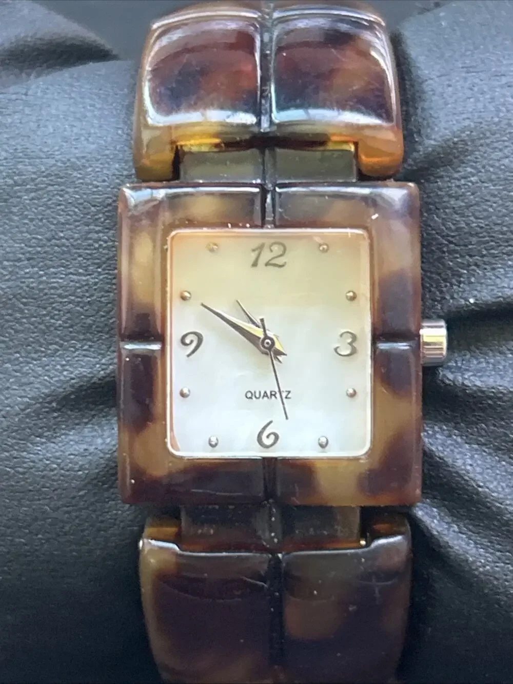 Pearlized Dial Faux Tortoise Shell Band Women’s Cuff Watch